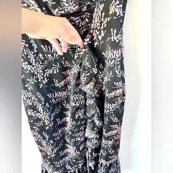 Cinq a Sept Nanon Silk Ruched Black Floral Ruffle Midi Sheath Dress Size 4 - Picture 9 of 16